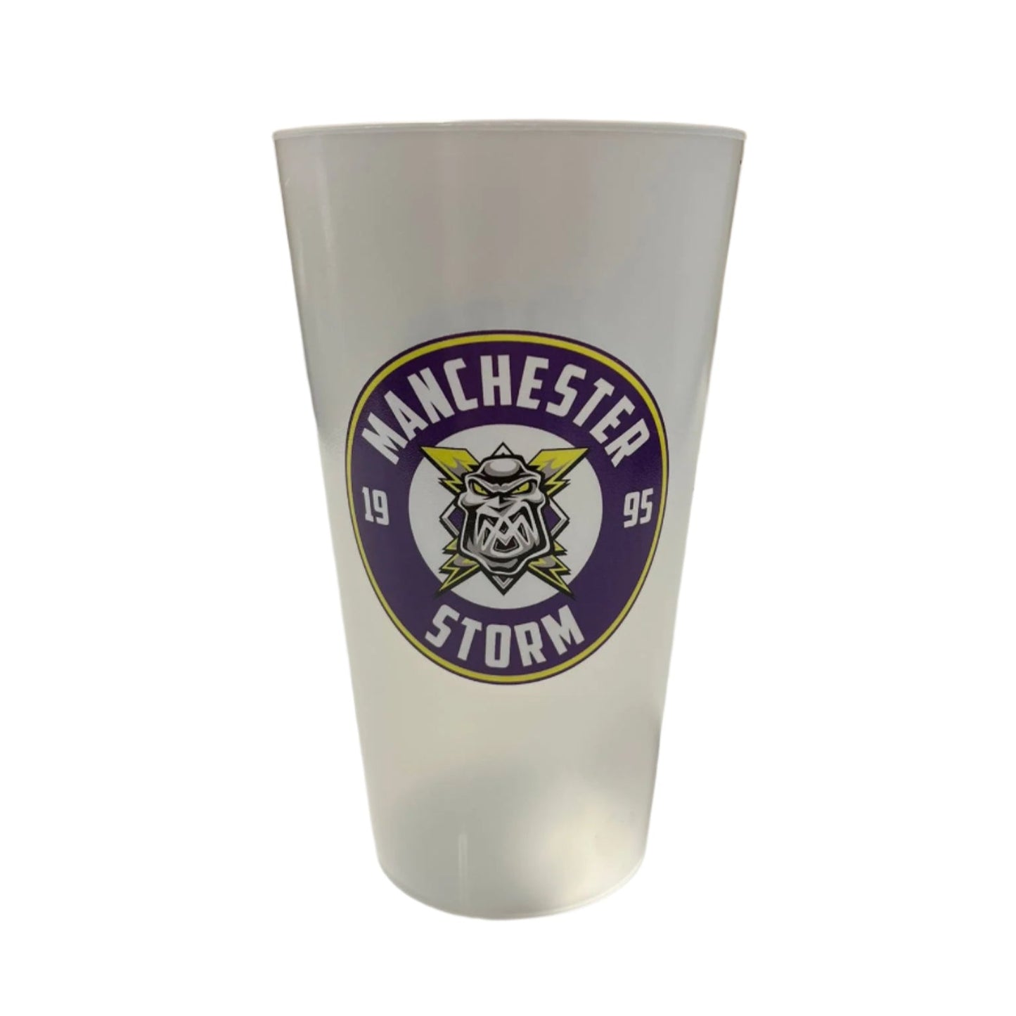 White frosted glass with Manchester Storm logo on a white surface